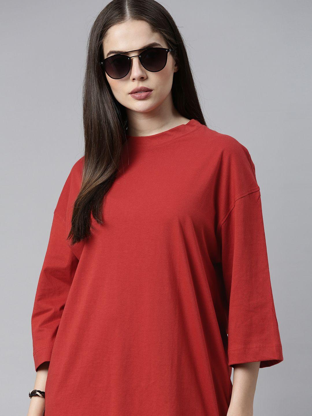 the roadster lifestyle co women rust red pure cotton solid drop-shoulder sleeves pure cotton t-shirt