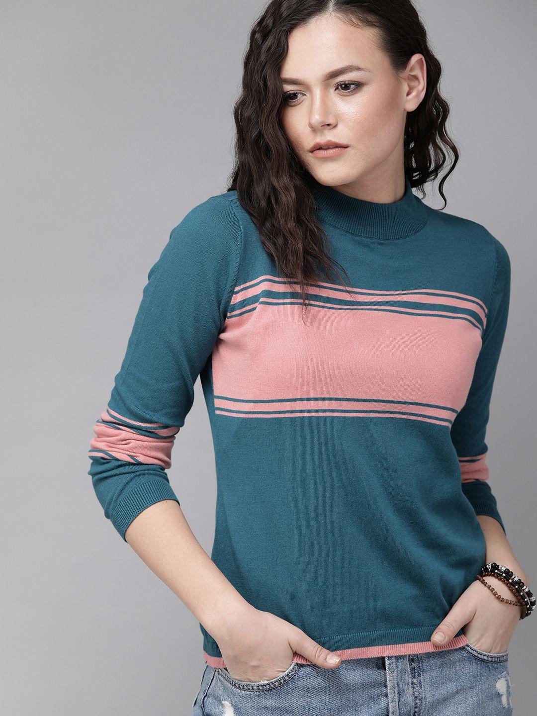 the roadster lifestyle co women teal blue & pink colourblocked top