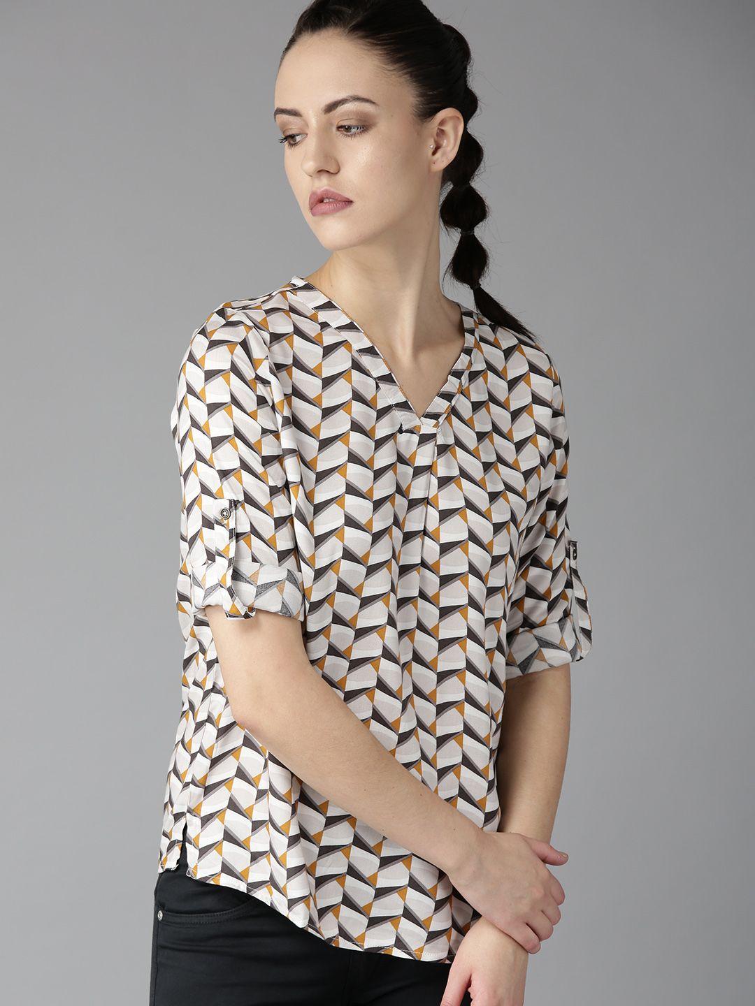 the roadster lifestyle co women white & mustard yellow printed top