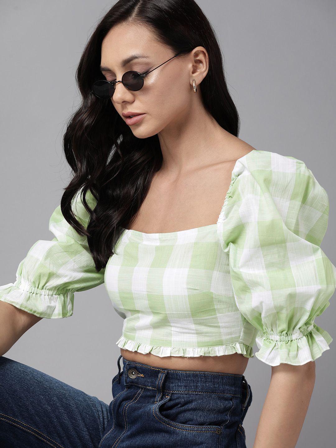 the roadster lifestyle co. checked puff sleeve pure cotton crop top
