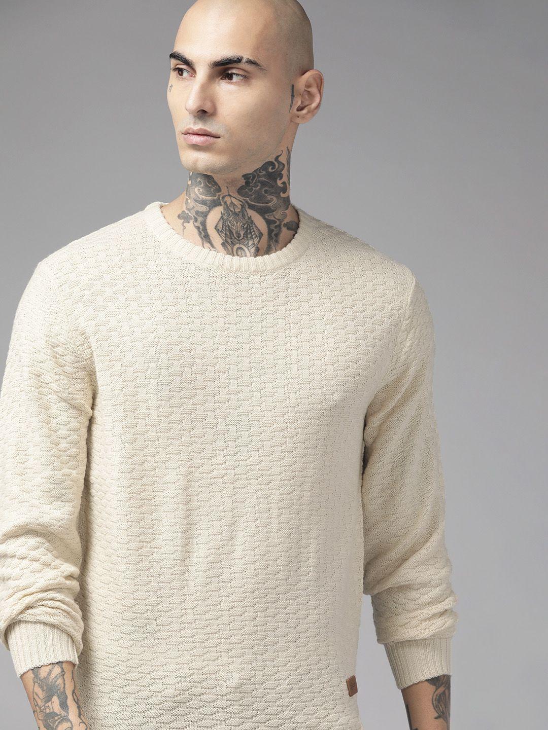 the roadster lifestyle co. men beige self-design acrylic pullover