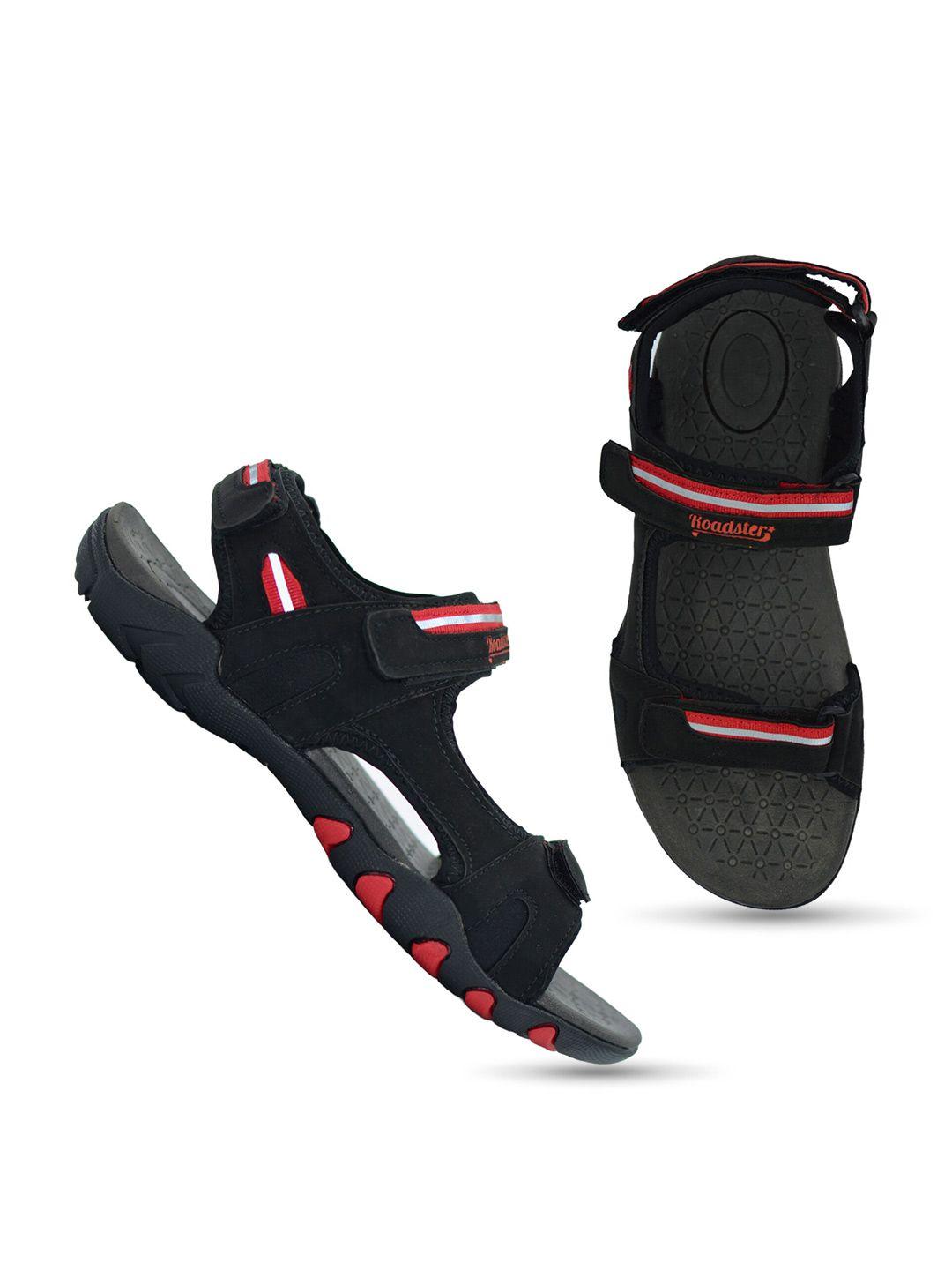 the roadster lifestyle co. men black & red brand logo printed sports sandals