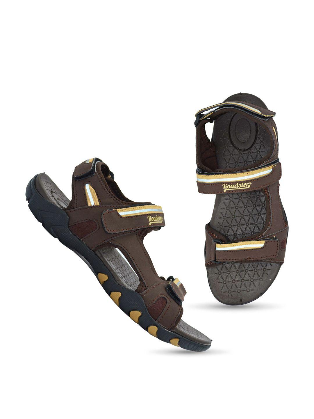 the roadster lifestyle co. men brown & yellow brand logo printed sports sandals