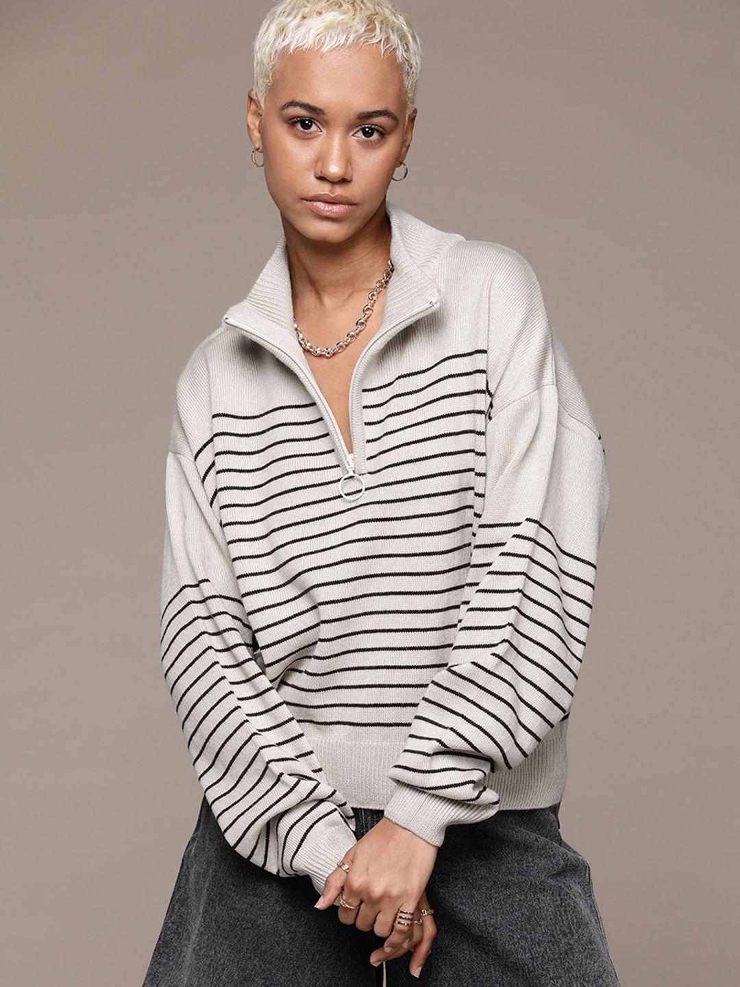 the roadster lifestyle co. mock collar drop-full sleeves striped pullover