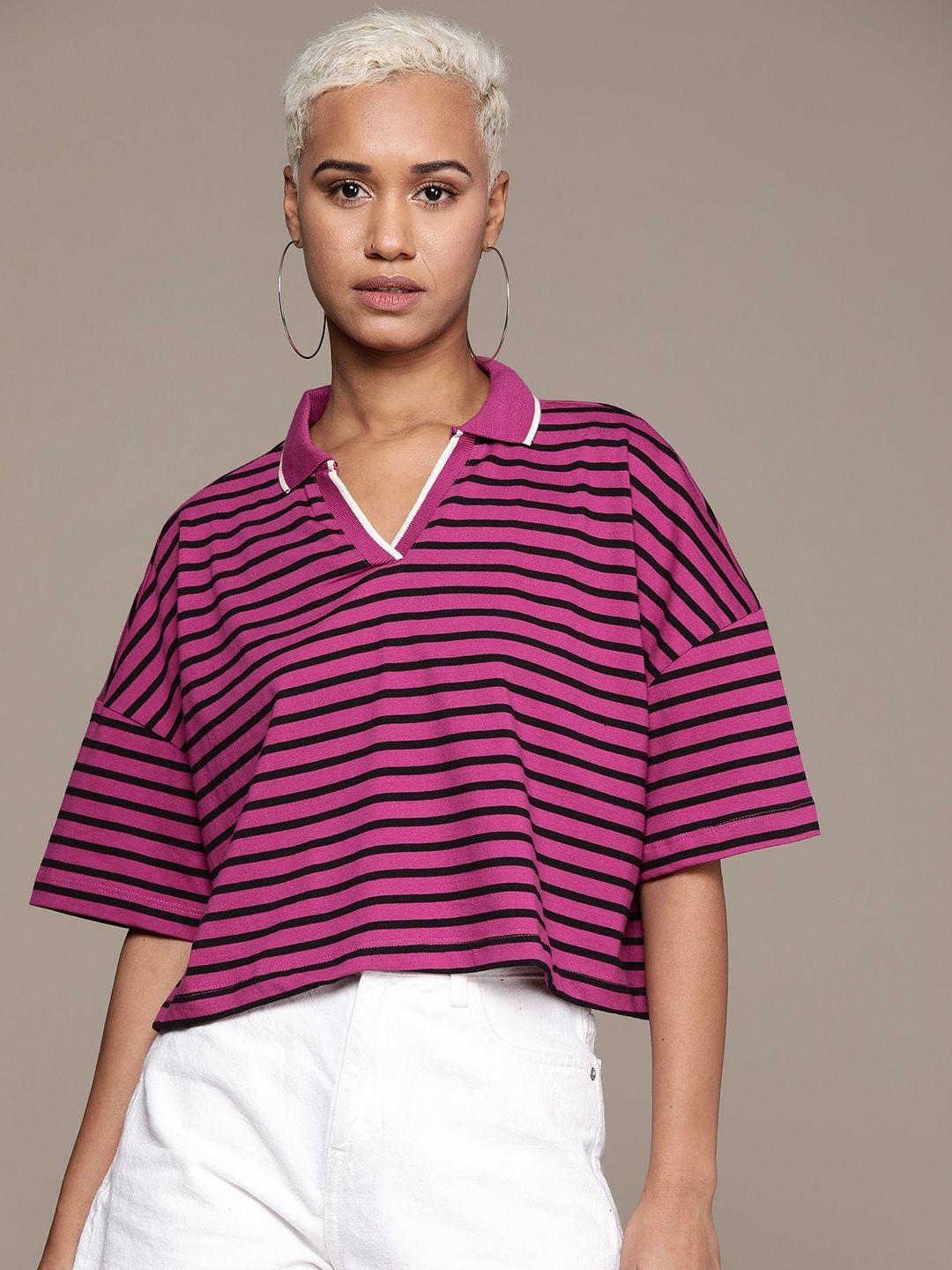 the roadster lifestyle co. striped drop-shoulder sleeves pure cotton boxy polo t-shirt