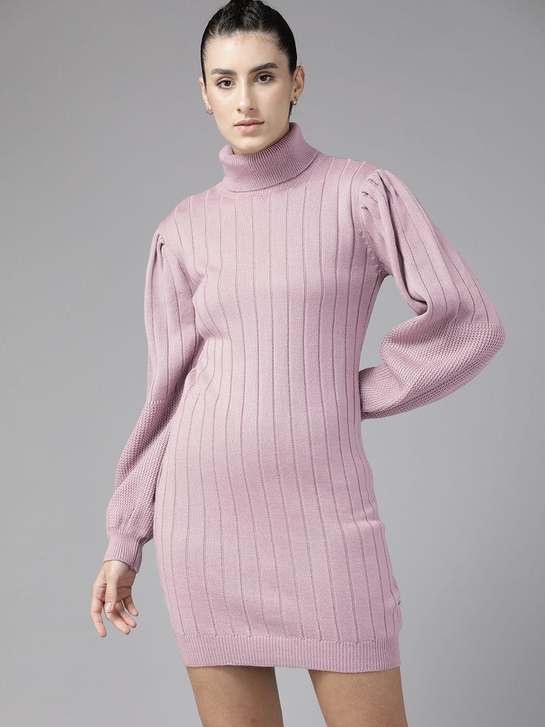 the roadster lifestyle co. turtle neck puff sleeves solid acrylic jumper dress