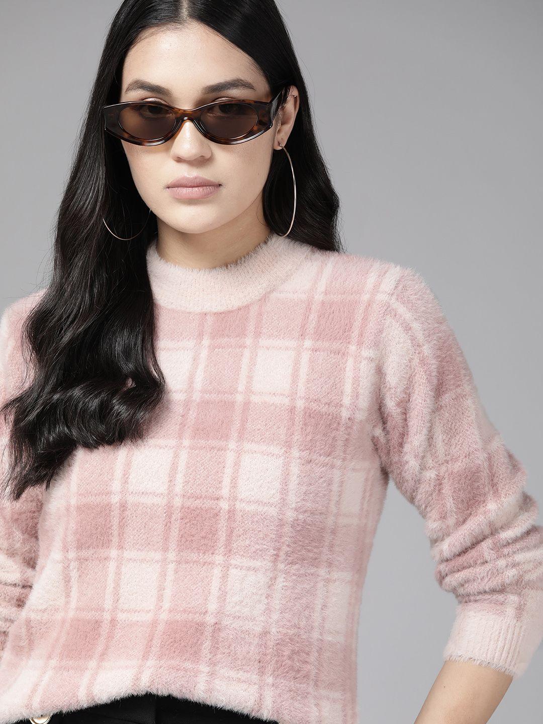 the roadster lifestyle co. women acrylic checked pullover with fuzzy detail