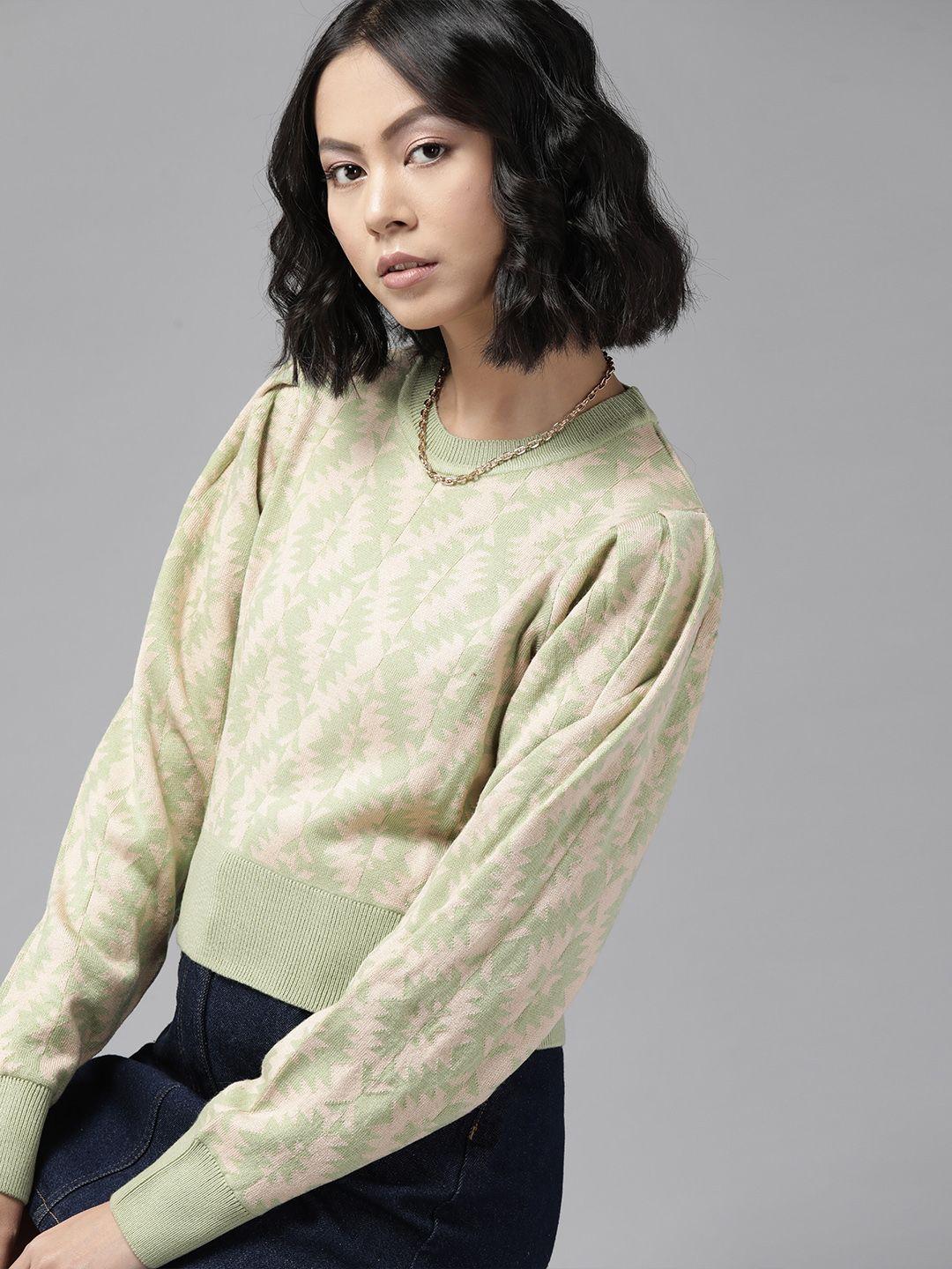 the roadster lifestyle co. women beige & green geometric pattern puff sleeves pullover