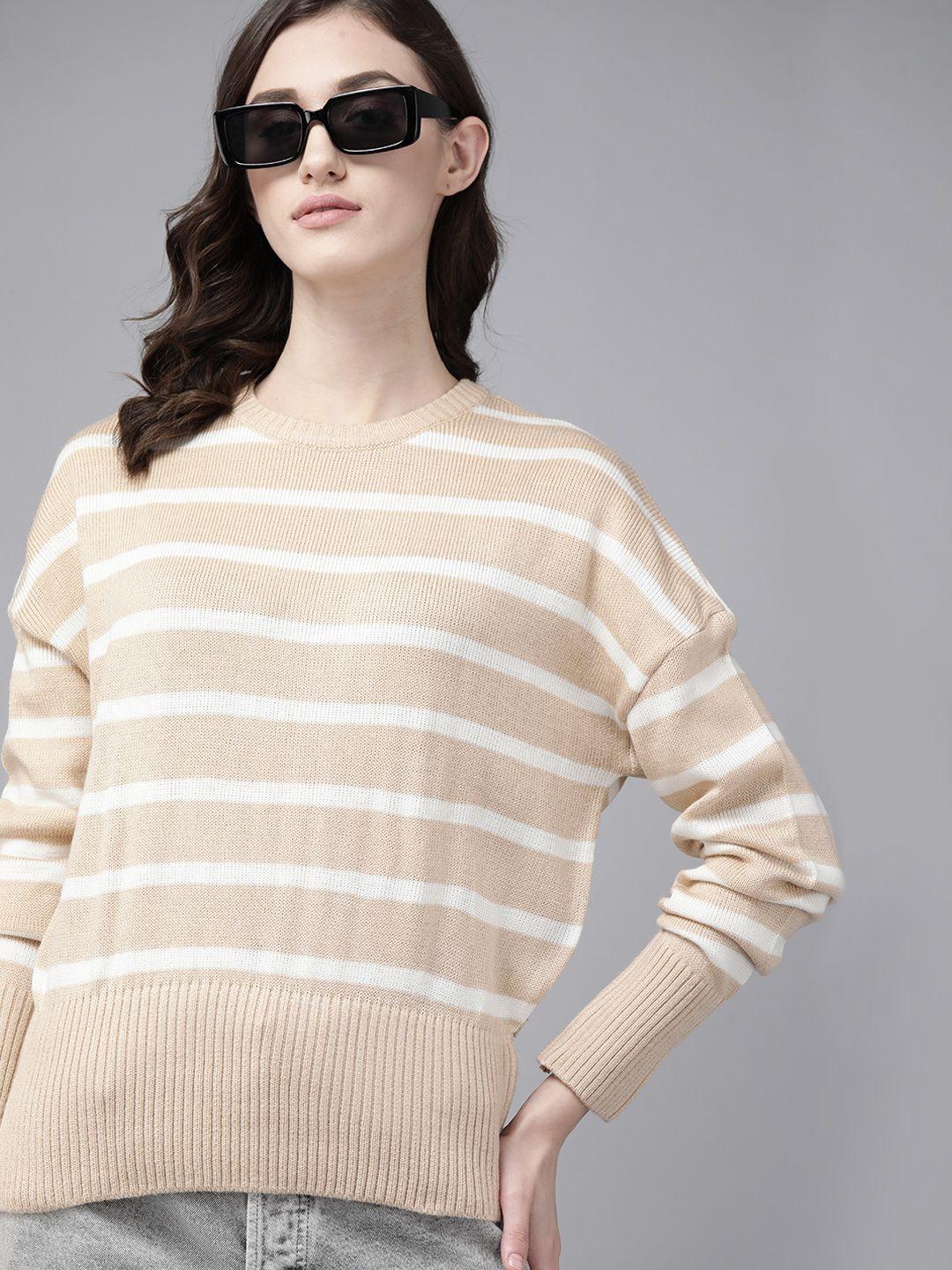 the roadster lifestyle co. women beige & off white striped acrylic sweater