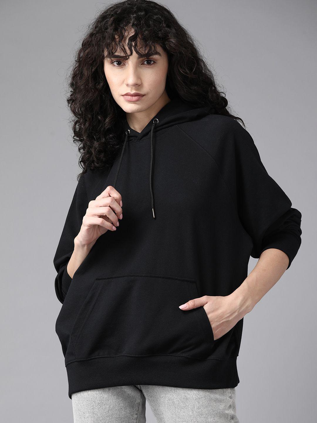 the roadster lifestyle co. women black raglan sleeves hooded oversized sweatshirt