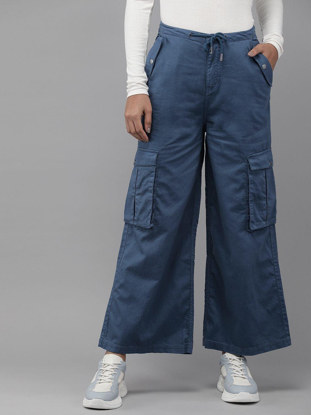 the roadster lifestyle co. women flared cargos trousers with drawstring closure