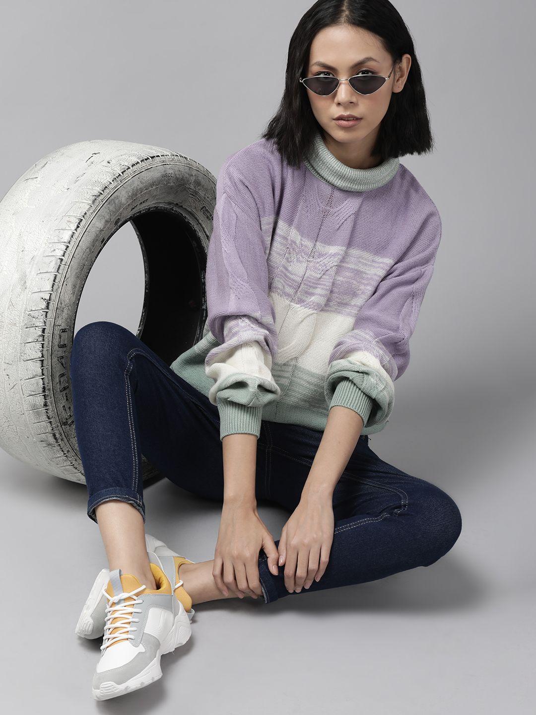 the roadster lifestyle co. women lavender & off white acrylic colourblocked pullover