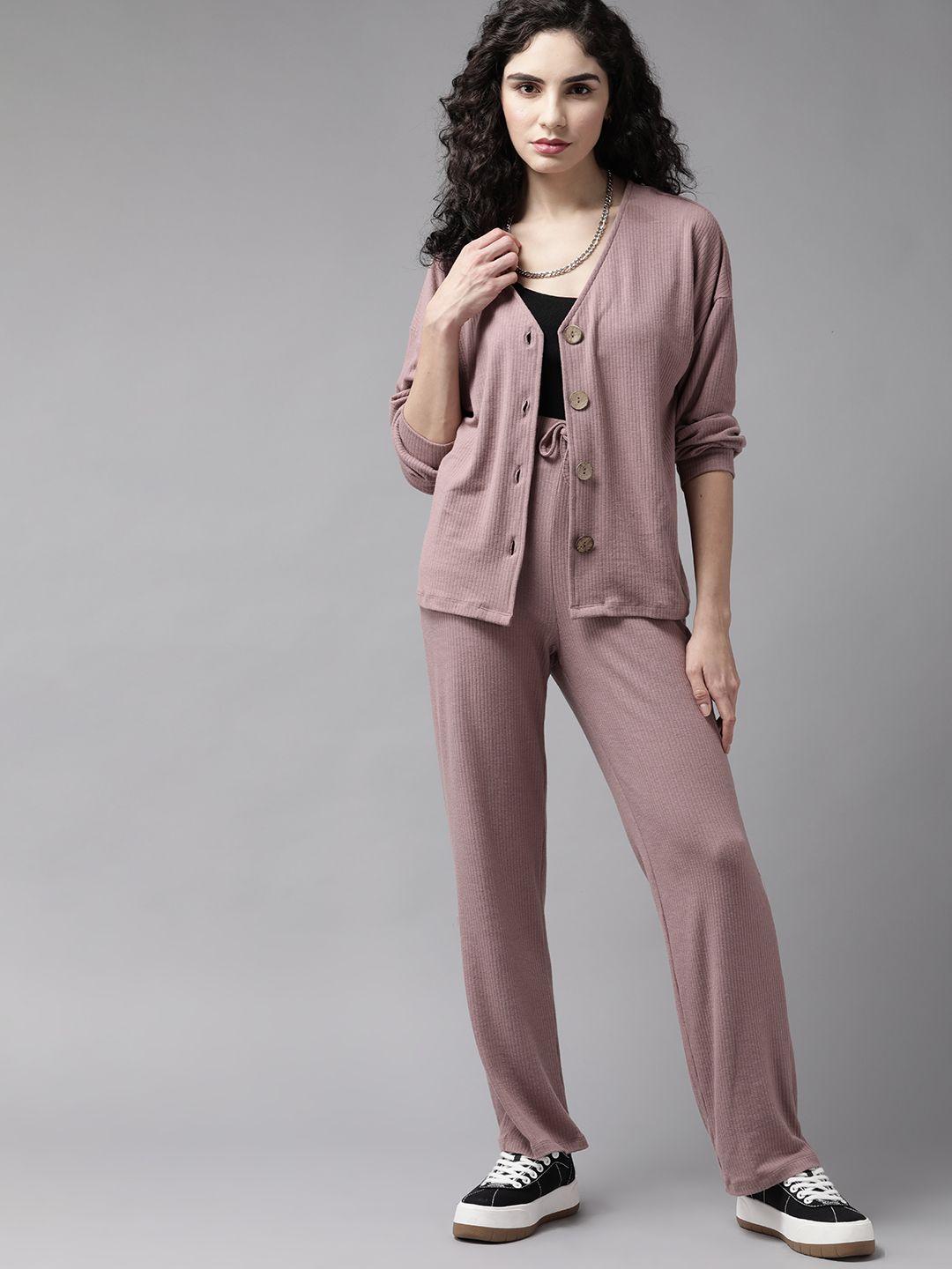 the roadster lifestyle co. women mauve ribbed co-ord set