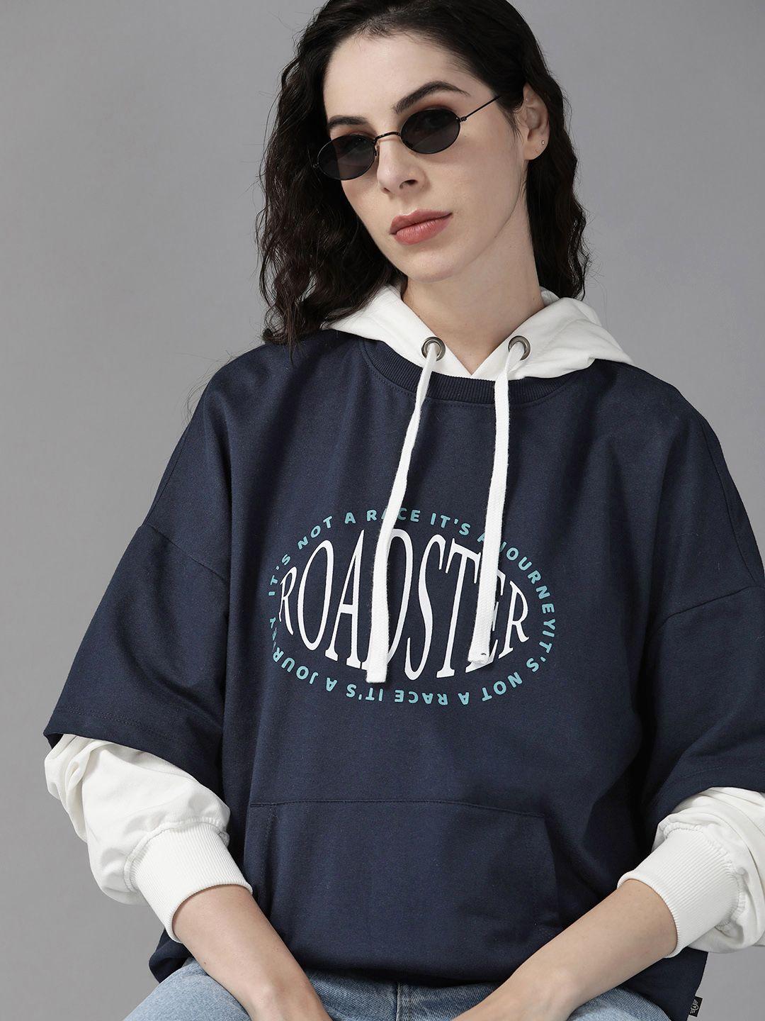 the roadster lifestyle co. women navy blue printed hooded sweatshirt