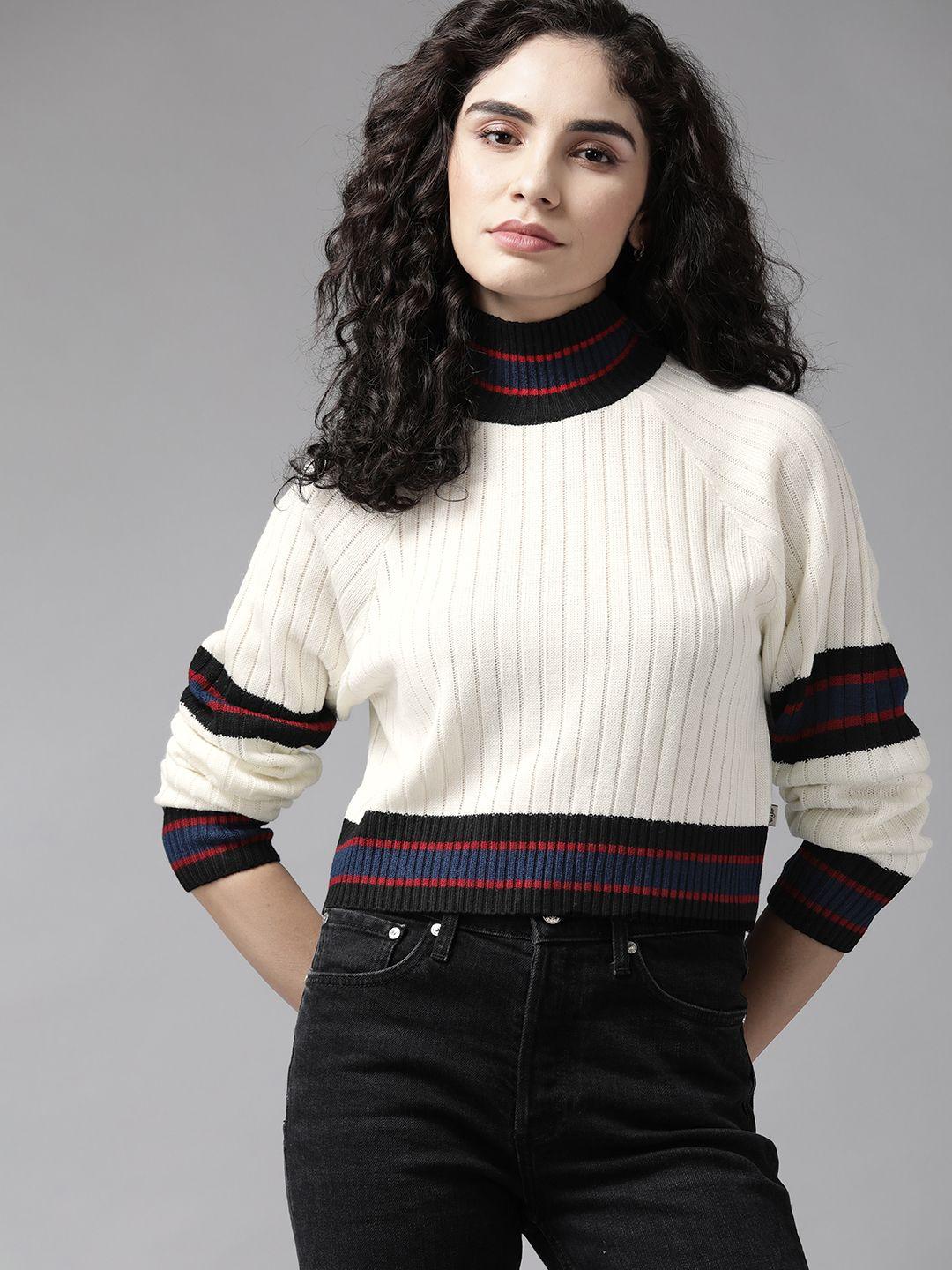 the roadster lifestyle co. women off white ribbed acrylic sweater