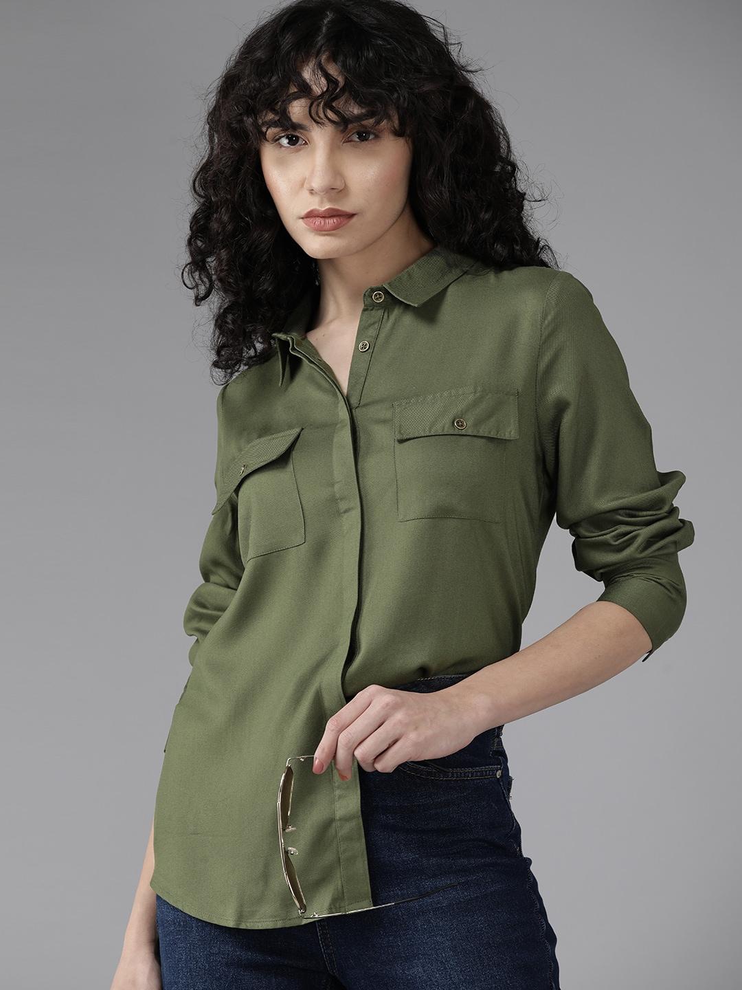 the roadster lifestyle co. women olive green solid regular fit shirt