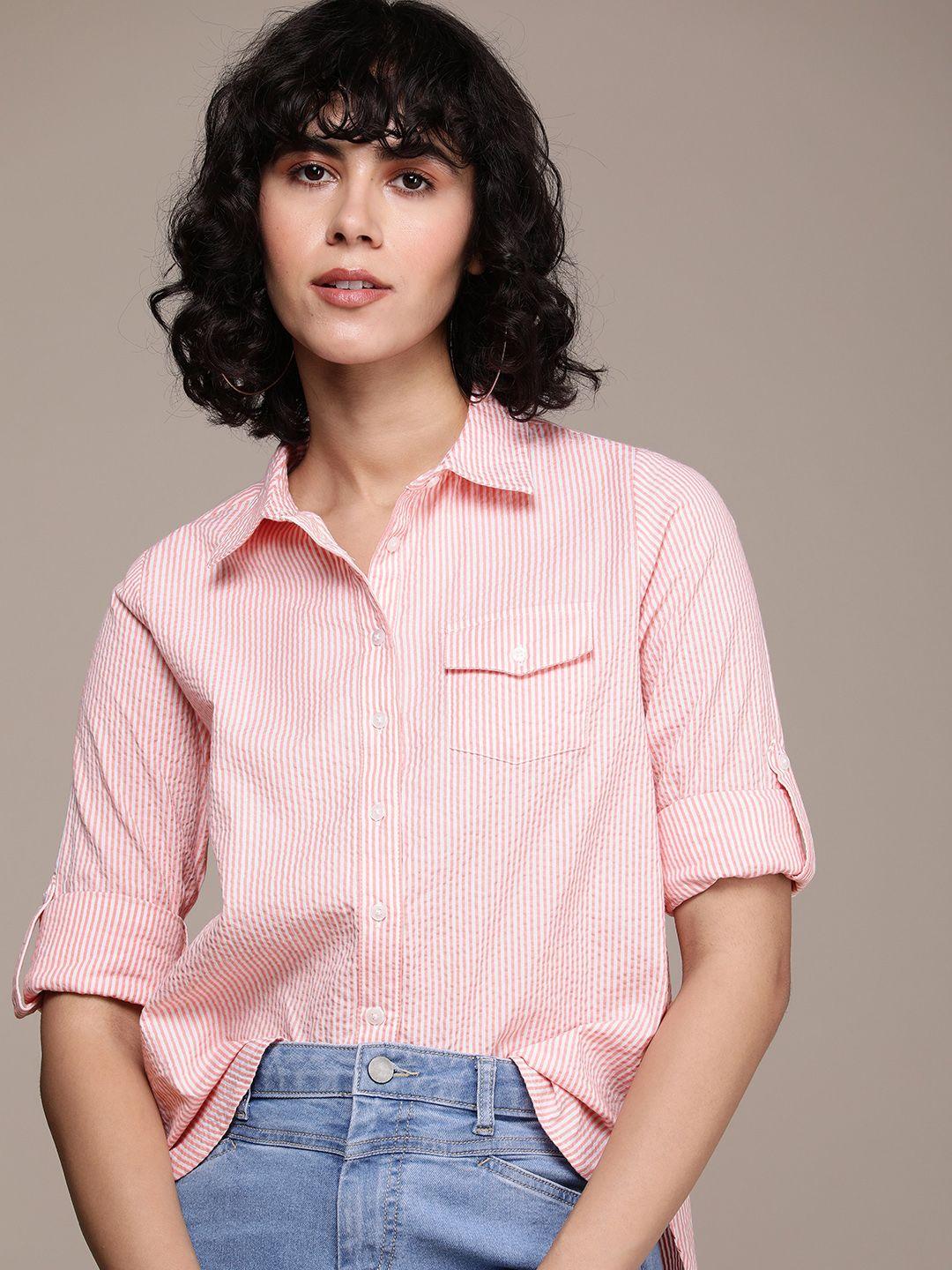 the roadster lifestyle co. women pure cotton oversized striped casual shirt