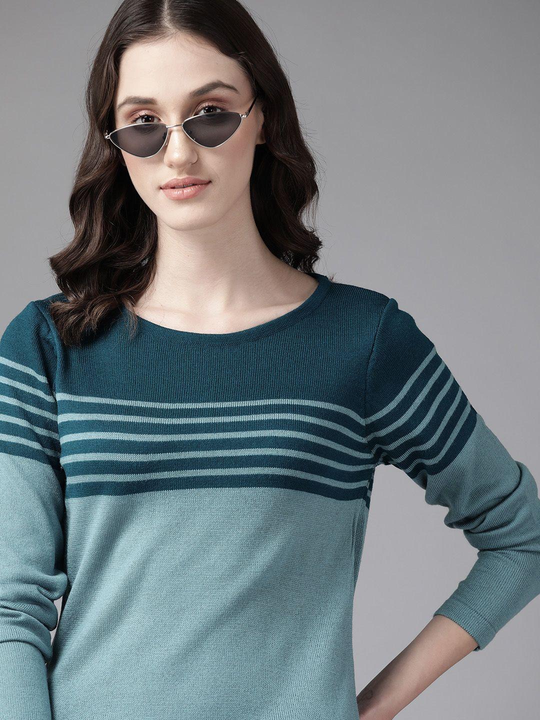 the roadster lifestyle co. women teal green & blue acrylic striped pullover