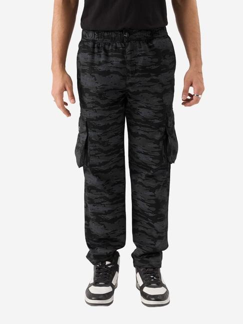 the souled store black cotton loose fit camouflage cargos