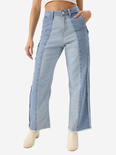 the souled store blue cotton color-block mid rise jeans