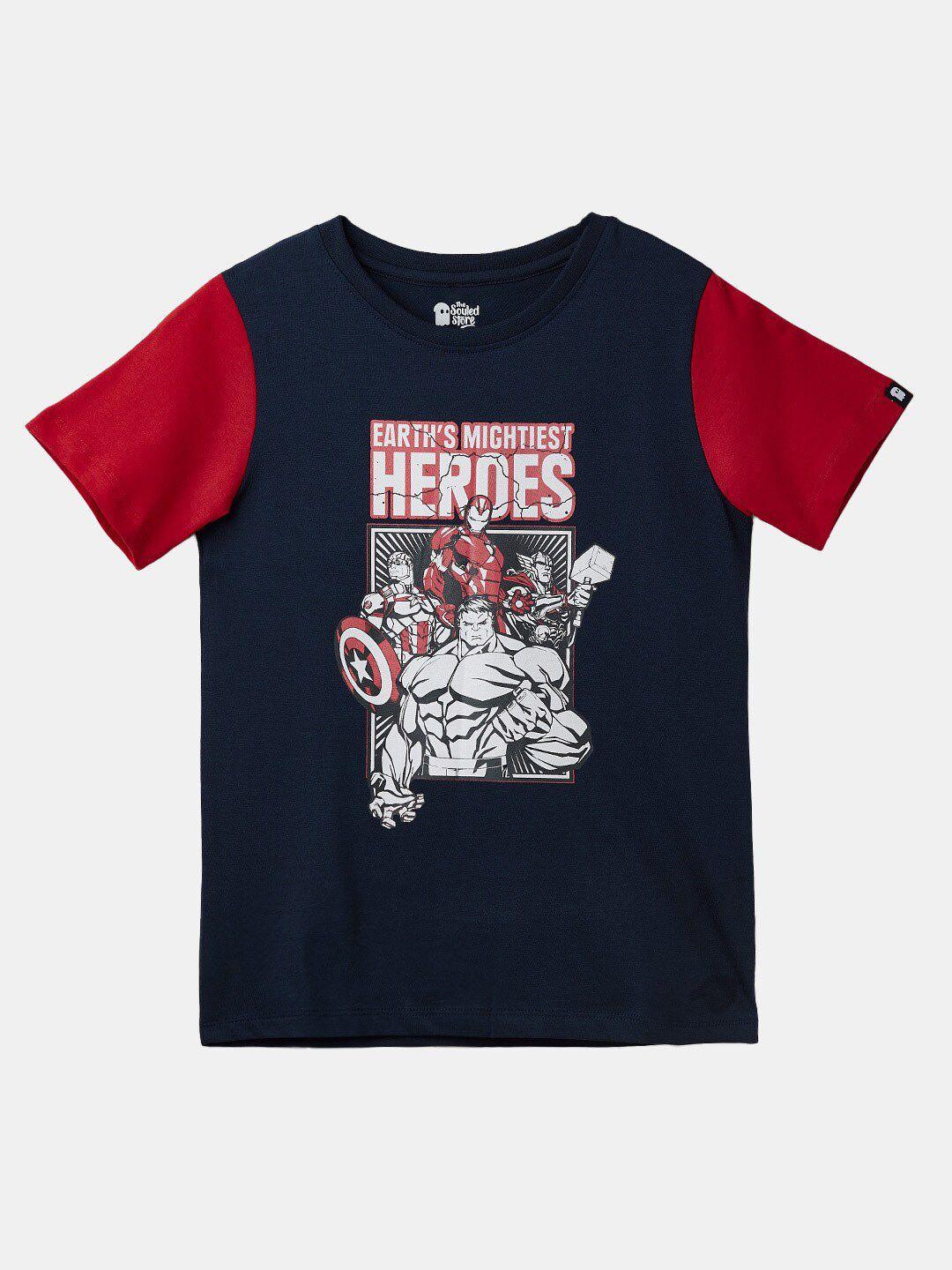 the souled store boys navy blue & maroon biker printed t-shirt