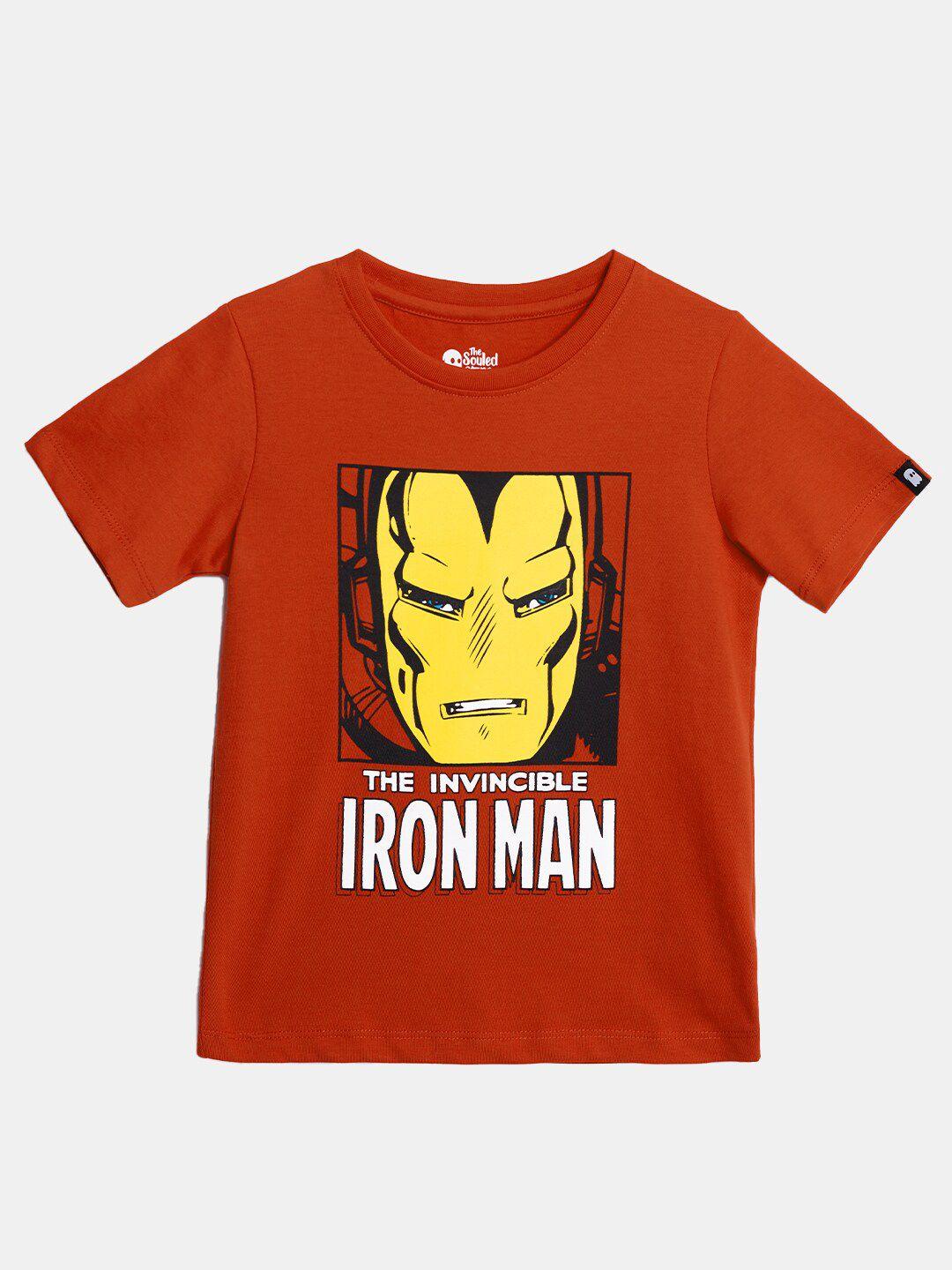 the souled store boys orange iron man printed cotton t-shirt