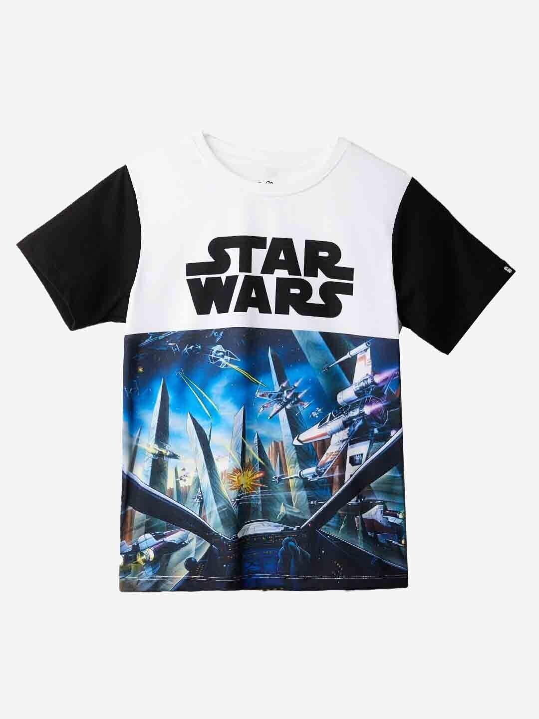 the souled store boys white & navy blue star wars printed pure cotton t-shirt