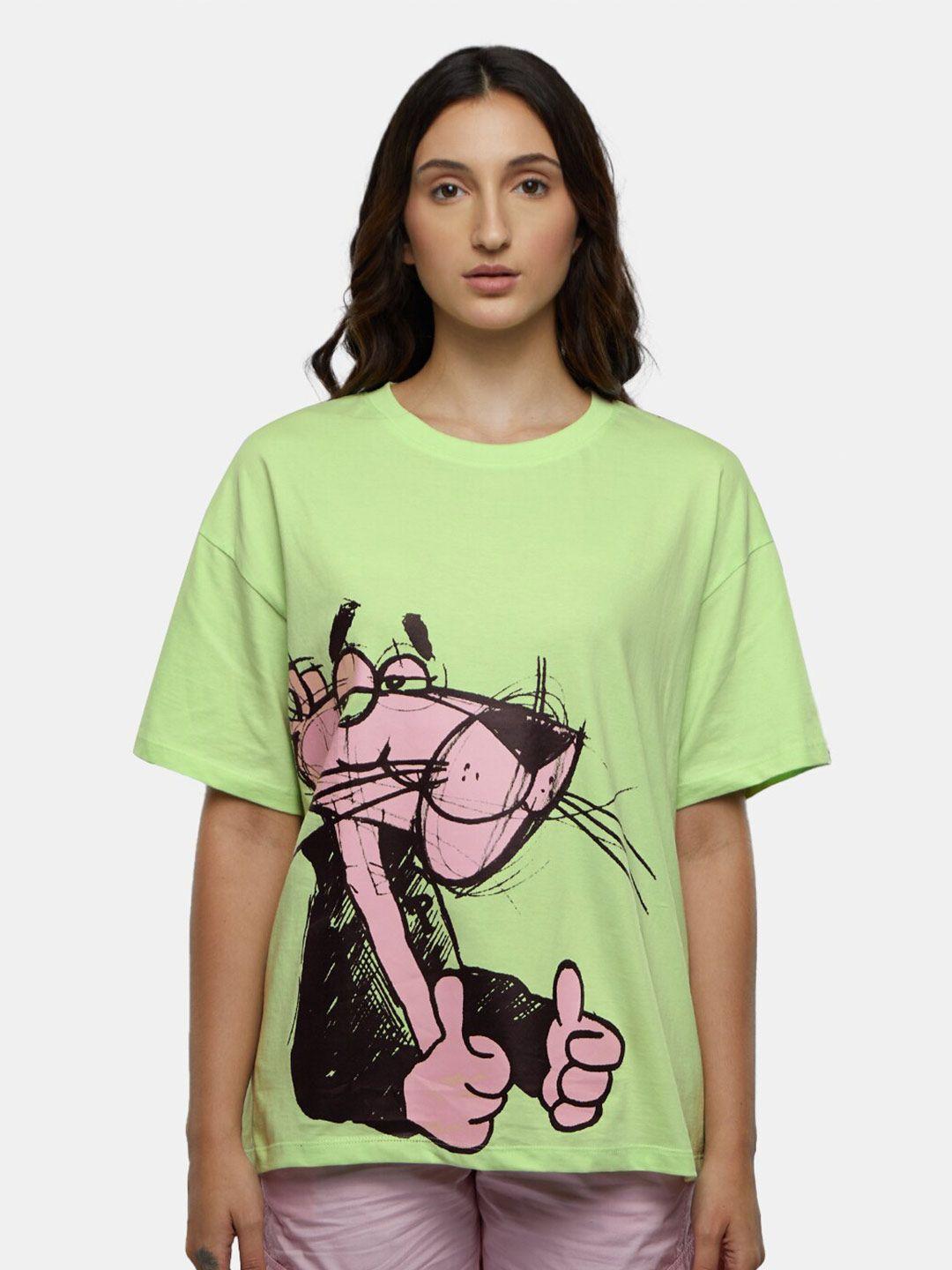 the souled store green pink panther printed pure cotton oversized t-shirt