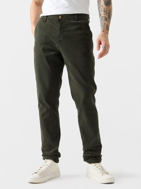 the souled store green regular fit flat front trousers