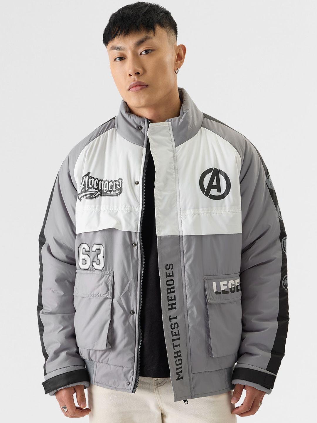 the souled store grey avengers graphic printed mock collar lightweight bomber jacket
