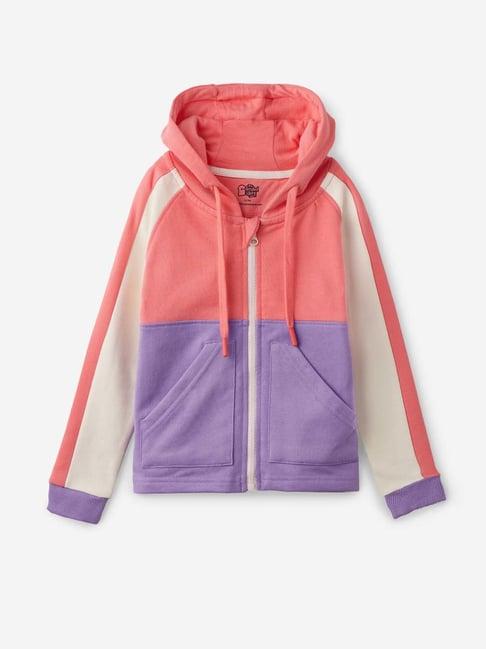 the souled store kids pink & purple cotton color block full sleeves hoodie