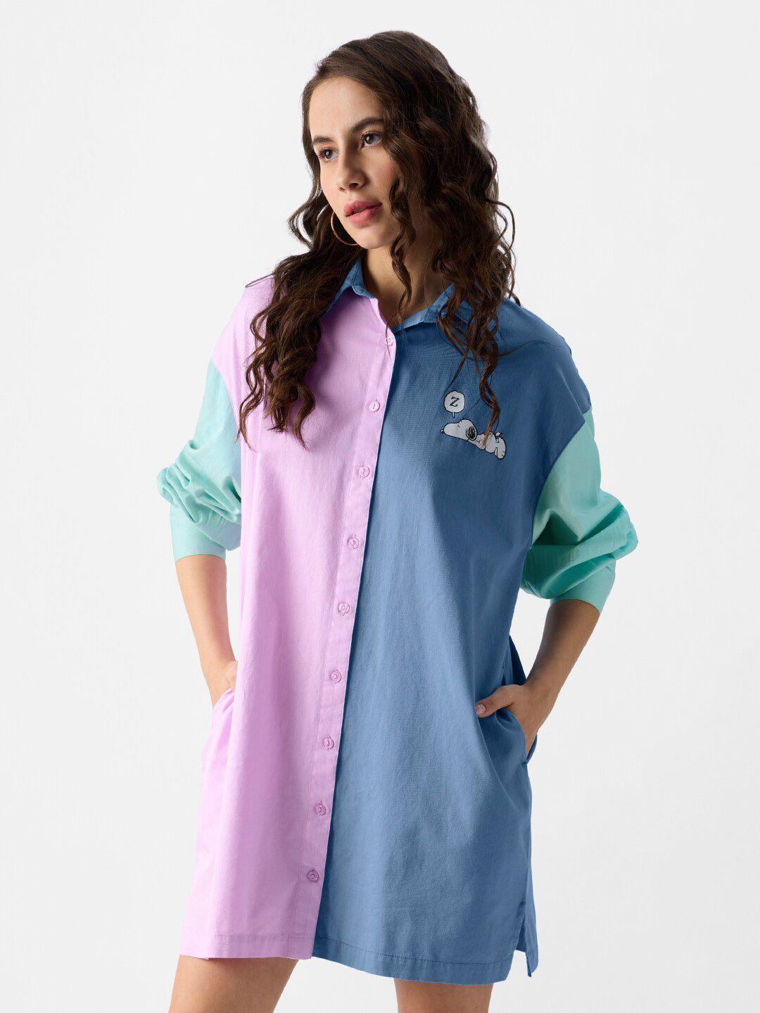 the souled store lavender & blue colourblocked long sleeves pure cotton shirt style dress