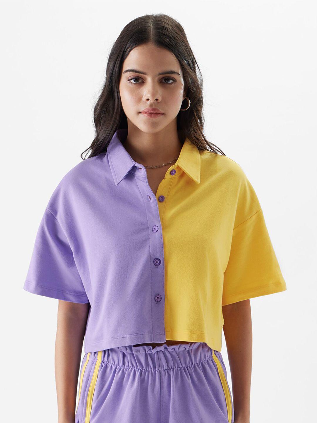 the souled store lavender & yellow colourblocked crop casual shirt