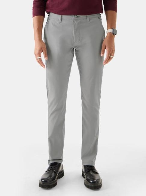 the souled store light grey regular fit power stretch flat front trousers