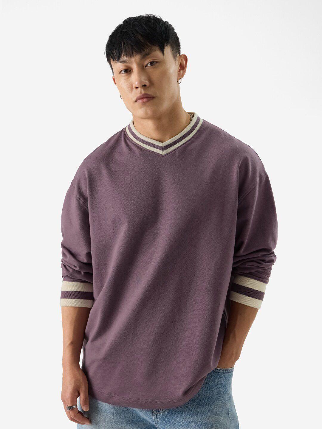 the souled store long sleeves v-neck cotton oversized raw edge t-shirt