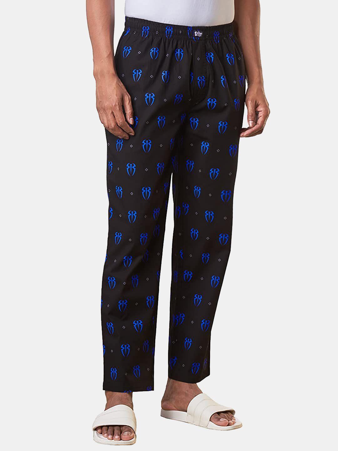 the souled store men black & blue roman reigns logo printed cotton lounge pant