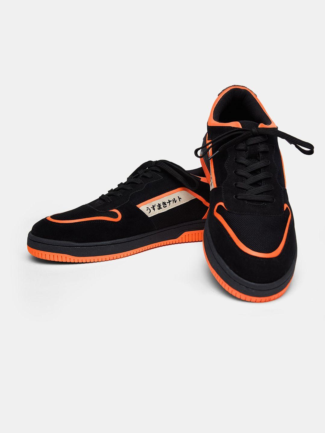 the souled store men black & orange colourblocked leather sneakers