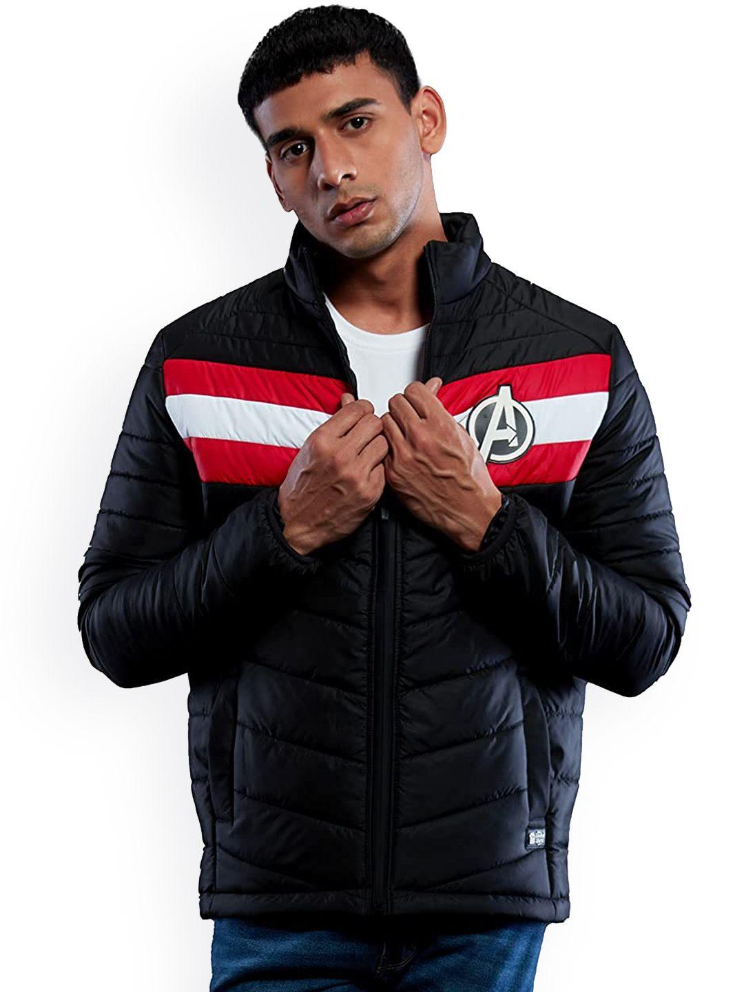 the souled store men black avenger printed striped lightweight puffer jacket