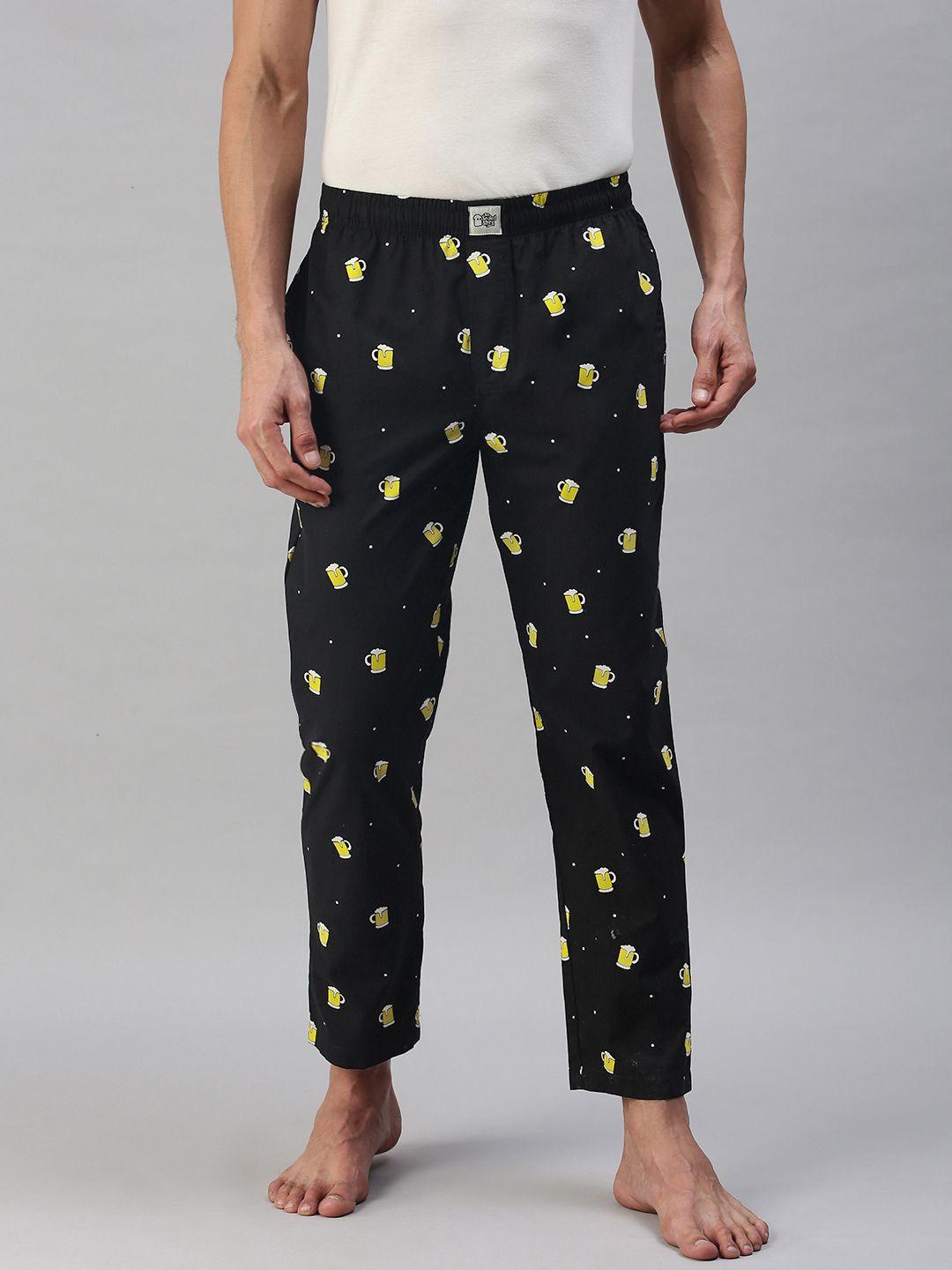 the souled store men black pure cotton beer printed lounge pants
