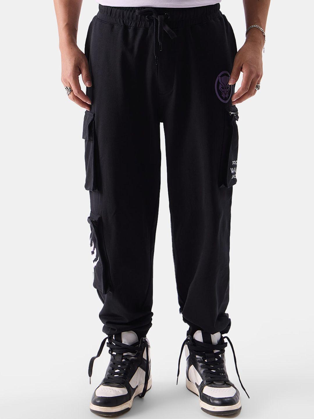 the souled store men black relaxed travel black panther printed cargos trousers