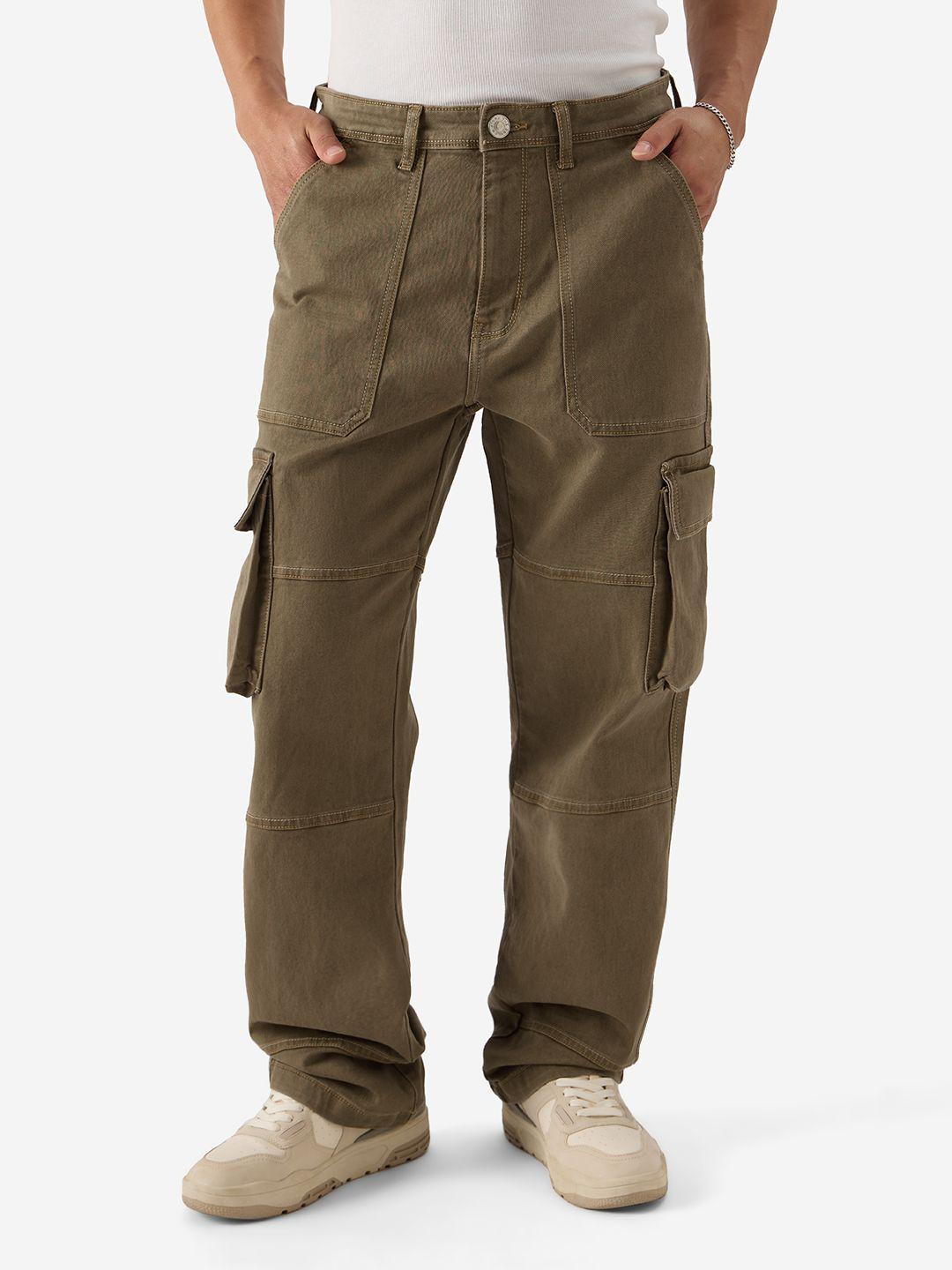 the souled store men brown mid-rise relaxed fit stretchable pure cotton cargo jeans