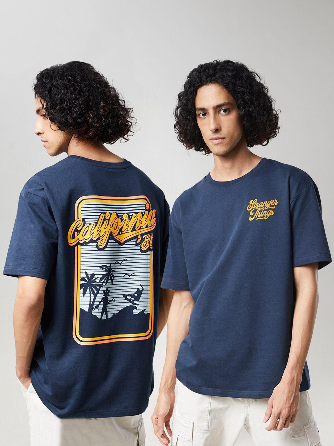 the souled store men navy blue stranger things printed applique oversized t-shirt