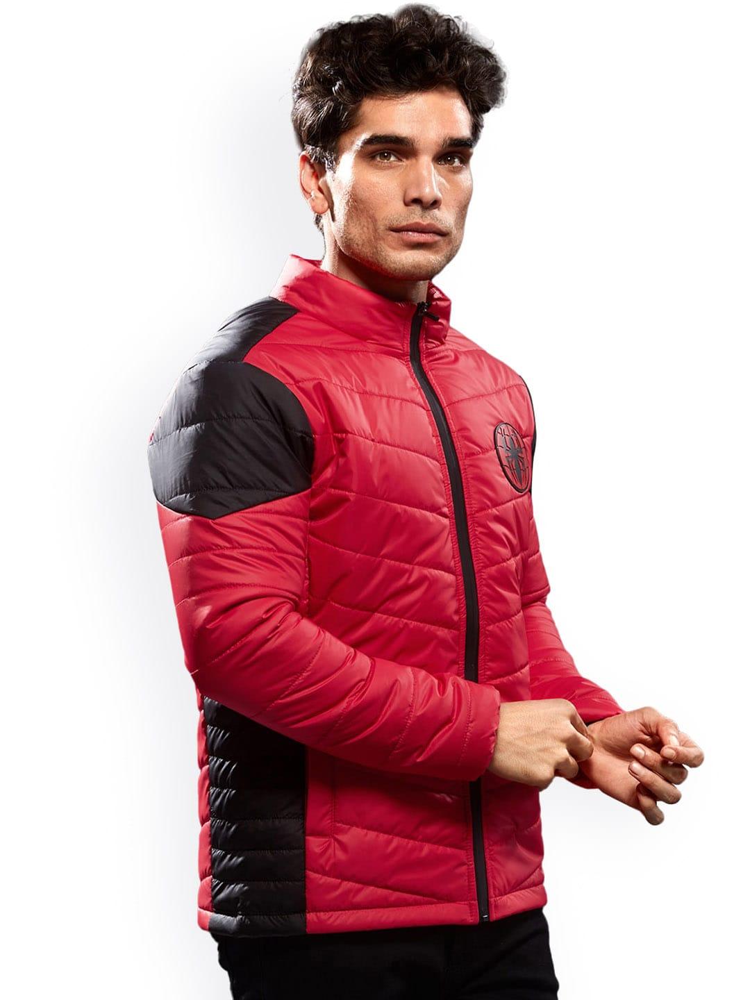 the souled store men red & black lightweight spider-man padded jacket