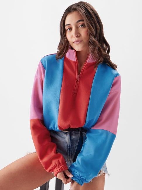 the souled store multicolored cotton color-block crop sweatshirt