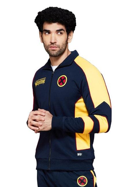 the souled store navy & yellow cotton regular fit colour block jacket