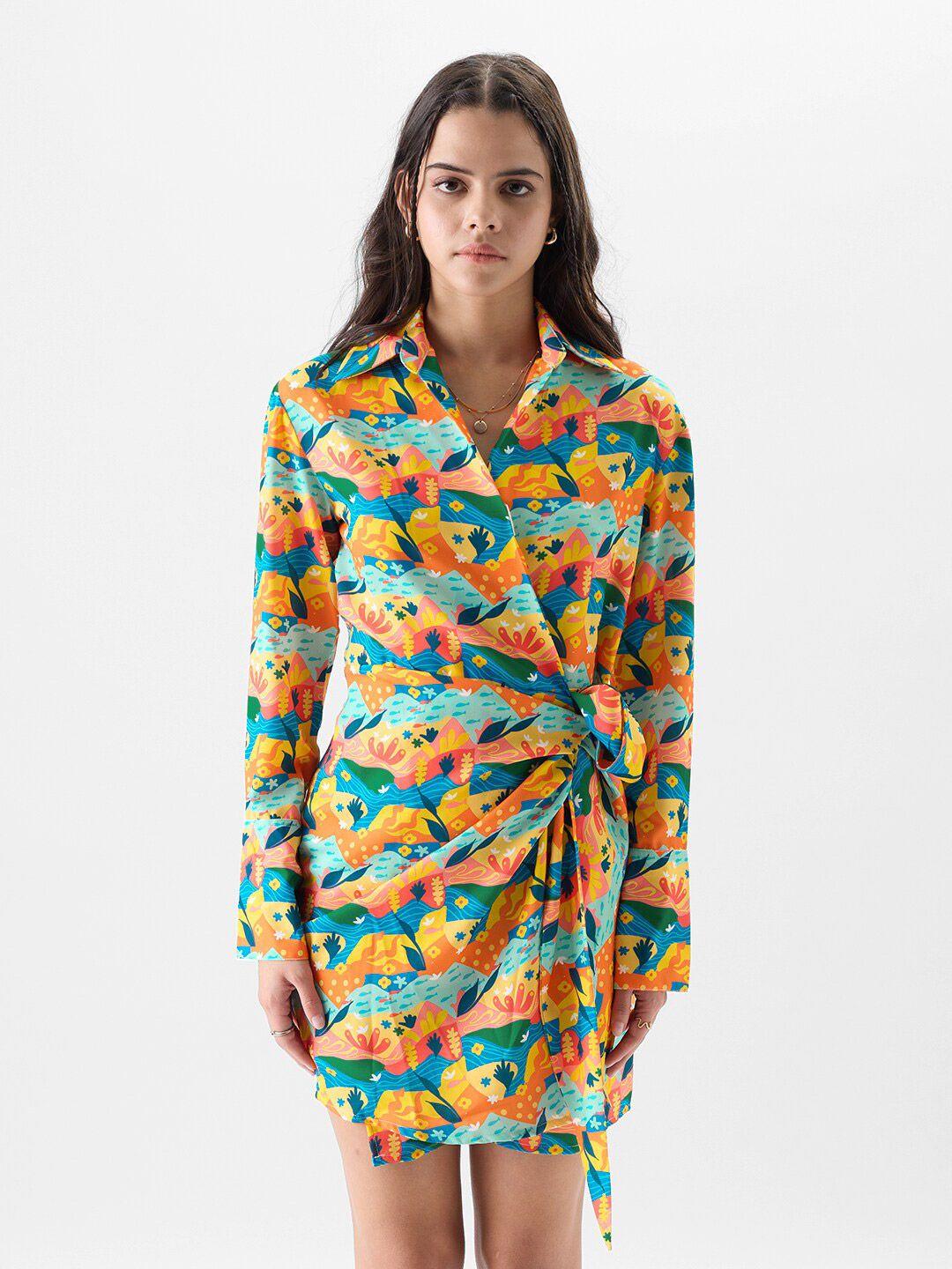 the souled store orange conversational printed shirt collar tie-up wrap dress