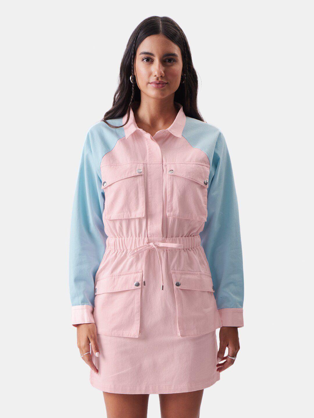 the souled store pink & blue colourblocked cuffed sleeves pure cotton shirt dress