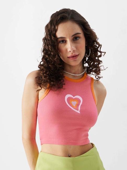 the souled store pink cotton printed crop top