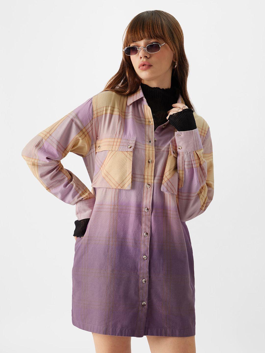 the souled store purple checked pure cotton shirt dress