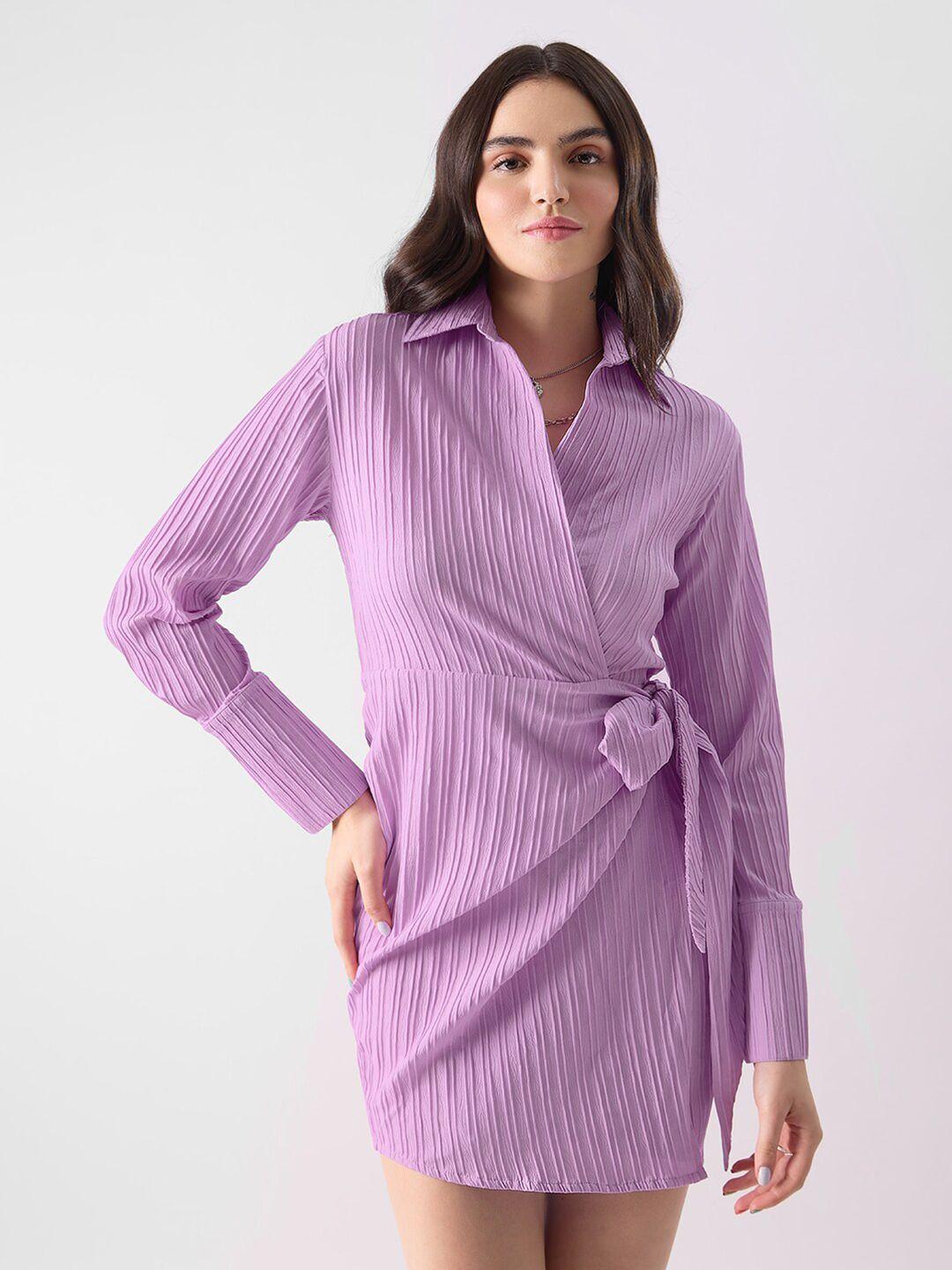 the souled store purple self design shirt collar cuff sleeves wrap mini dress